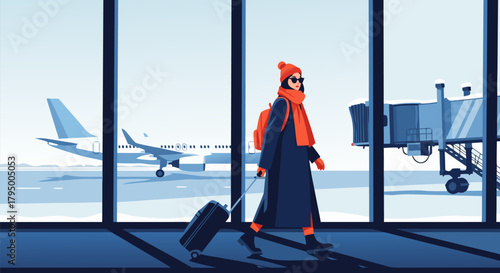 Woman on the move A traveler pulls her suitcase through an airport terminal, airplane in background