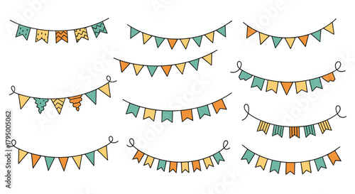 A collection of colorful hand-drawn doodle style party garlands and festive bunting flags, perfect for celebrations and holidays.