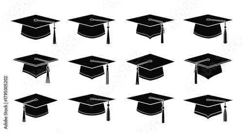 A collection of twelve black graduation caps, or mortarboards, with tassels, symbolizing academic achievement, education, and celebratory milestones.