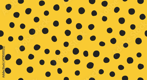 A playful and vibrant seamless pattern featuring scattered black hand-drawn dots on a bright yellow background, creating an abstract and modern design.