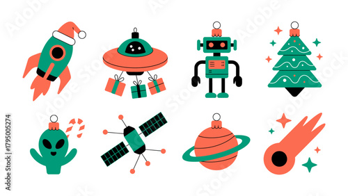 Galactic Christmas Ornaments: a set of whimsical space-themed Christmas ornaments, where rockets, UFOs, and robots have come together, bringing a touch of the cosmos to the holiday season. 