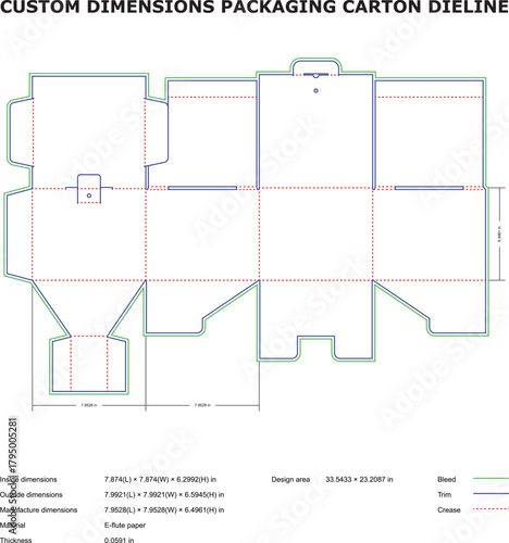 Custom dimensions packaging carton dieline with bleed, trim, and crease guides