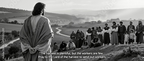 Jesus Christ teaching his disciples on a hillside. Biblical scene from the New Testament gospel. A crowd of followers listening to a sermon about the harvest and the workers.