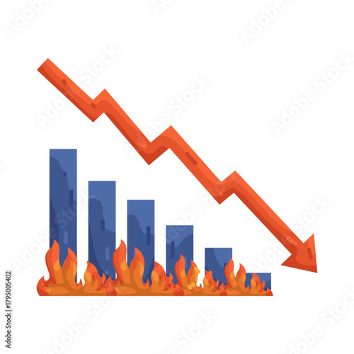 Illustration of Stock Market Crash with Burning Bar Chart