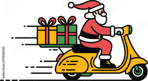 Santa Claus riding yellow scooter with gift boxes Christmas