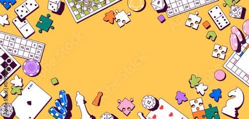 Vector illustration with various board games and playing elements. Includes chess, poker chips, domino, dice, cards, puzzles, and meeples. Perfect for game design, hobby, entertainment events.