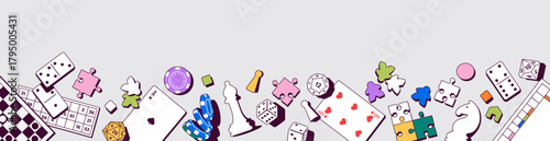 Vector illustration with various board games and playing elements. Includes chess, poker chips, domino, dice, cards, puzzles, and meeples. Perfect for game design, hobby, entertainment events.