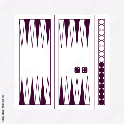 Vector illustration of Backgammon board game with checkers and dice. Classic tabletop strategy game for logic, competition, and leisure. Perfect for traditional, educational, and entertainment design.