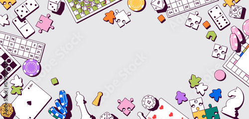 Vector illustration with various board games and playing elements. Includes chess, poker chips, domino, dice, cards, puzzles, and meeples. Perfect for game design, hobby, entertainment events.