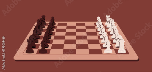 Vector illustration of chessboard with chess pieces. Classic strategy board game symbolizing logic, intelligence, and competition. Perfect for education, sport, and entertainment design projects.
