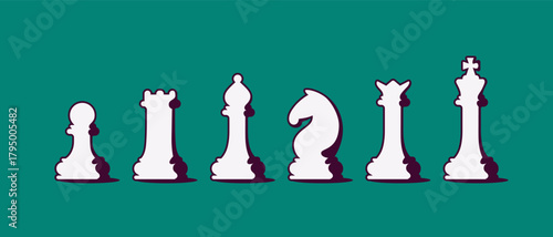 Set of chess pieces isolated. Vector illustration of classic chess figures king, queen, rook, bishop, knight, and pawn. Black and white game icons for strategy, competition, and board game design.