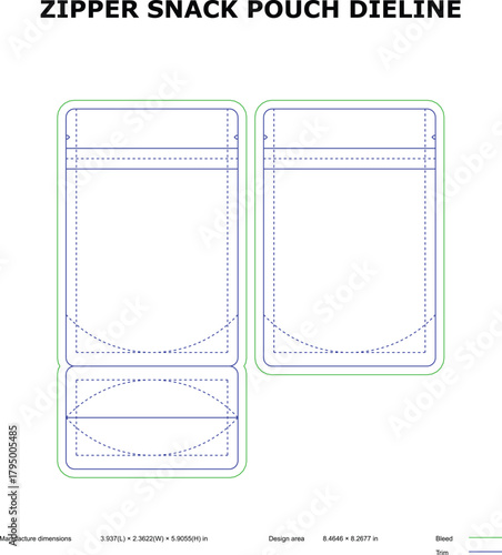 Zipper Snack Pouch Dieline — Flexible Packaging Template with Bleed, Trim, and Zipper Line Guides
