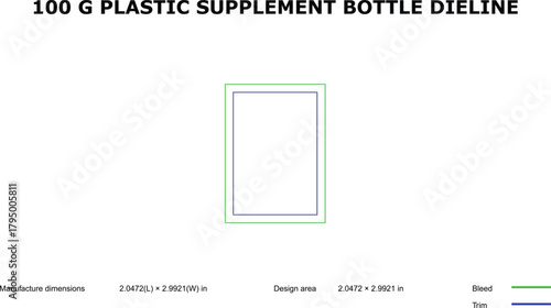 100 g plastic supplement bottle dieline with trim and bleed layout