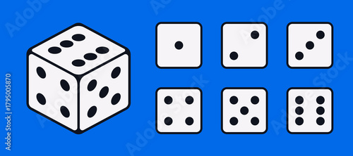 Vector illustration of D6 dice icons showing all sides in flat design style. Minimalistic six-sided cube with numbered faces. Perfect for board games, apps, UI, and gaming design projects.