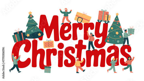 Festive Christmas: joyful Christmas scene, featuring cheerful figures and a collection of delightful elements of celebration in a colorful composition.