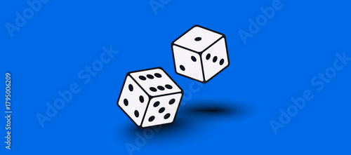 Realistic vector illustration of two falling dice. Dynamic motion symbolizing luck, chance, and gambling. Perfect for casino, board games, and entertainment design projects. 3d template.