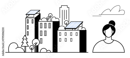 Cityscape with solar panel rooftops, trees, modern buildings, and a person symbolizing clean energy. Ideal for sustainability, environment, renewable energy, urban planning, eco-living green