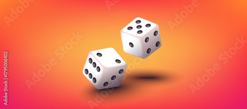 Realistic vector illustration of two falling dice. Dynamic motion symbolizing luck, chance, and gambling. Perfect for casino, board games, and entertainment design projects. 3d template.