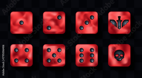 Vector illustration of realistic D6 dice showing all sides. 3d six-sided cubes with numbered faces. Perfect for board games, casino, gaming projects. Custom sword, skull side. Red pearl marble color.