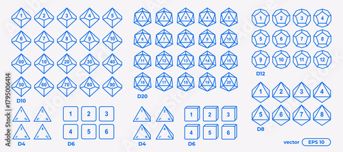 Vector illustration set of D4, D6, D8, D10, D12, and D20 dice icons showing all possible sides. Polyhedral gaming dice collection for tabletop, RPG, and board game design projects.