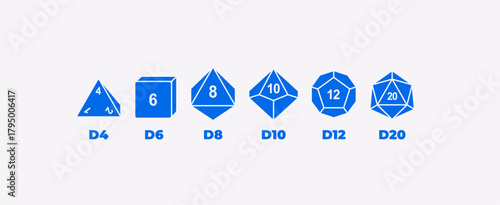 Vector illustration set of D4, D6, D8, D10, D12, and D20 dice icons isolated on white background. Polyhedral gaming dice collection for tabletop, RPG, and board game design projects.