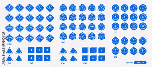 Vector illustration set of D4, D6, D8, D10, D12, and D20 dice icons showing all possible sides. Polyhedral gaming dice collection for tabletop, RPG, and board game design projects.