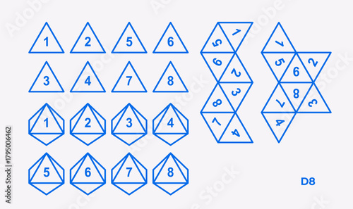 Vector illustration of D8 dice showing all sides and unfolded layout. Eight-sided octahedron shape for tabletop, RPG, and board gaming design projects.