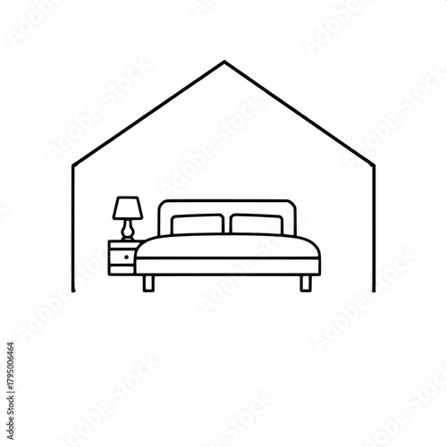 “A clean black-and-white minimalistic icon of a house outline with a triangular roof and rectangular base, containing a centered bed and a bedside table with a lamp, drawn in thick solid lines, flat a