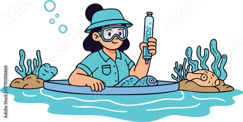 Illustration Of A Scientist Studying Marine Life In Blue Water With Coral Reefs