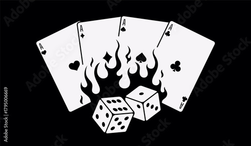 Vector illustration of two burning dice and four aces in fire. Flaming casino symbols representing luck, risk, success, and gambling. Perfect for poker, gaming, and entertainment design projects.