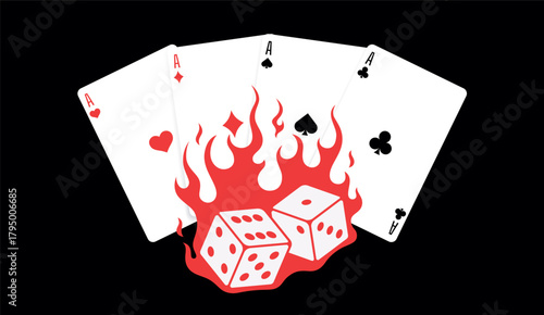 Vector illustration of two burning dice and four aces in fire. Flaming casino symbols representing luck, risk, success, and gambling. Perfect for poker, gaming, and entertainment design projects.