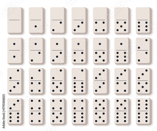 Vector illustration of a complete set of domino tiles in flat design style. Classic rectangular domino pieces for board games, tabletop, and gaming design projects.