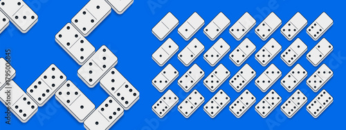 Vector illustration of a complete set of domino tiles in isometric flat design style. Classic rectangular domino pieces with 3D isometric perspective for board games, tabletop, and gaming projects.