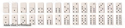 Vector illustration of a complete set of domino tiles in flat design style. Classic rectangular domino pieces for board games, tabletop, and gaming design projects.