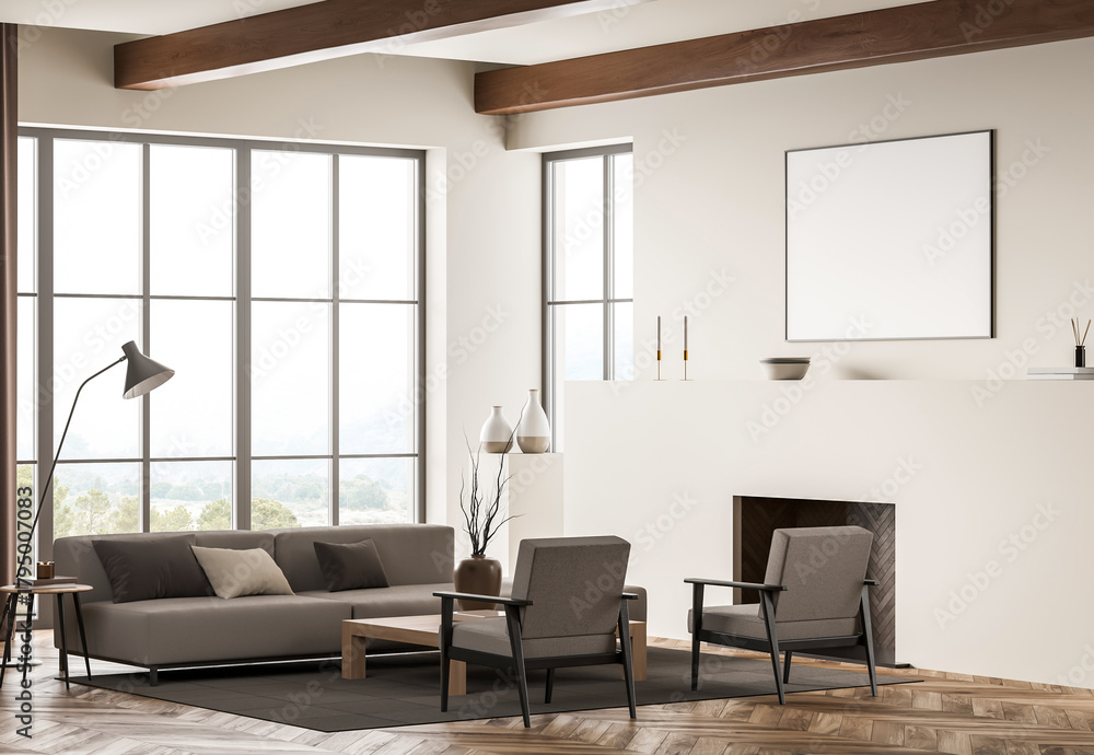 Fototapeta premium Stylish modern living room with neutral furniture, wood floor and beams, minimalist decor, large windows and cozy interior design. 3D Rendering