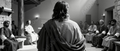Jesus Christ teaching his disciples in an ancient room. Black and white depiction of a biblical sermon from the gospel. Religious faith and christianity concept