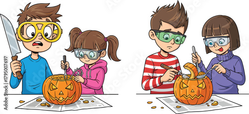 Children carving Halloween pumpkins with tools and safety goggles, fun autumn activity illustration showing teamwork, creativity, holiday preparation, seasonal celebration