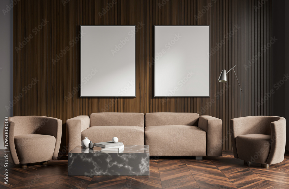 Fototapeta premium Contemporary interior with beige armchairs, sofa, marble table, and two empty posters on dark wooden wall background. Concept of design and layout. 3D Rendering