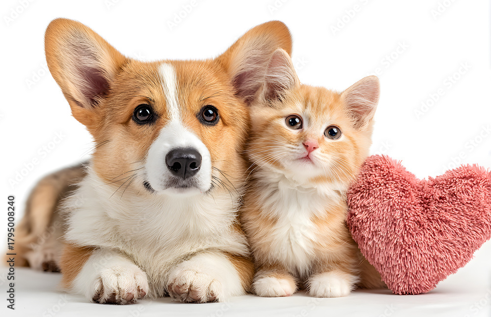 Obraz premium Corgi and kitten with heart toy on white background