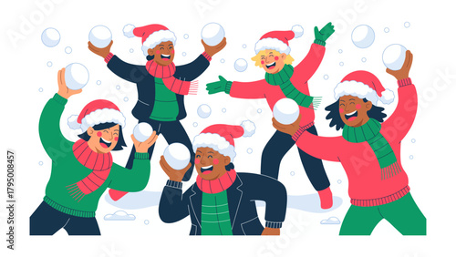 Slika na platnu Joyful Snowball Fight: A group of friends playfully engages in a spirited snowball fight, their laughter echoing through the winter air, embodying the pure joy and camaraderie of the season
