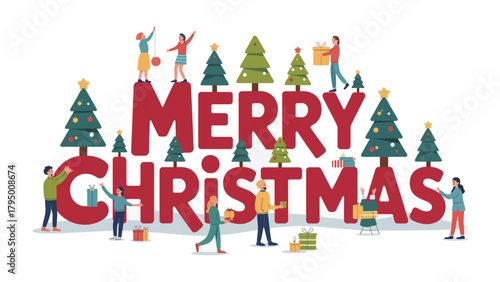 Merry Christmas Celebration: An illustrative scene of Merry Christmas typography adorned with miniature figures and festive ornaments. Capturing the spirit of giving and togetherness.