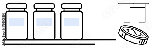 Three medicine vials on a surface alongside a capped syringe, showcasing preparation for medical use. Ideal for healthcare, vaccination, medical research, prevention, pharmaceuticals, public health