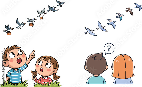 Children watching migrating birds flying across the sky, cartoon kids observing nature, wildlife movement illustration, educational scene about birds and curiosity