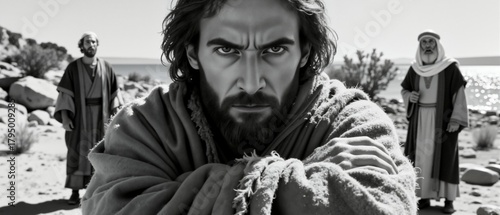 Intense close-up portrait of an angry Jesus Christ. Dramatic black and white biblical scene from the gospel. Historical religious figure in a desert landscape