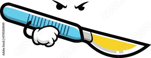Cartoon Scalpel with Angry Face and Yellow Blade Held by a White Glove Hand