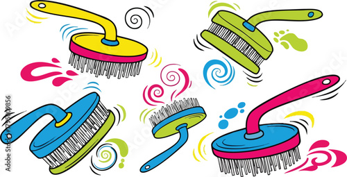 Colorful Cleaning Brushes with Swirling Water Droplets and Footprints on White Background