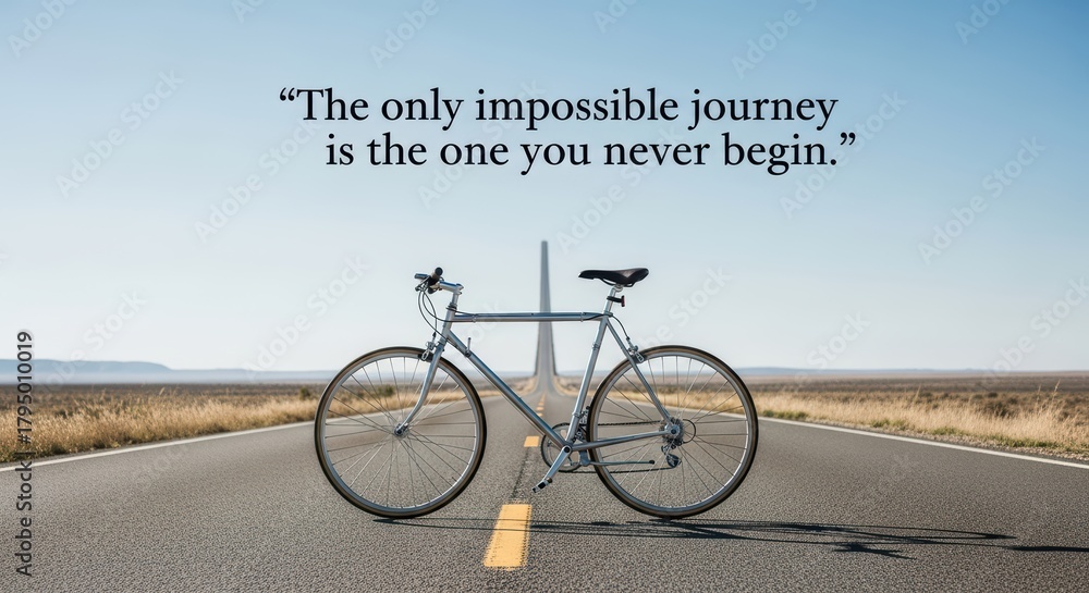 Naklejka premium Inspirational quote with bicycle on open road and clear blue sky