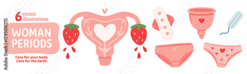 Woman period and feminine hygiene concept set. Uterus, pad, tampon, menstrual cup, panties. Body positive and self-care theme. Flat vector isolated on white background.