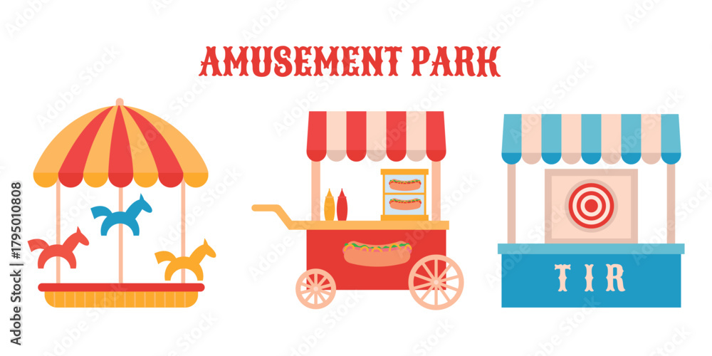 Fototapeta premium Amusement park elements, color icons carousel , food truck shooting range with a target.