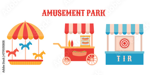 Amusement park elements, color icons carousel , food truck shooting range with a target.